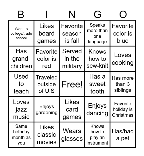 Get to Know Your Seniors! Bingo Card