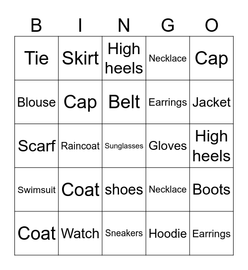 Clothes Bingo Card