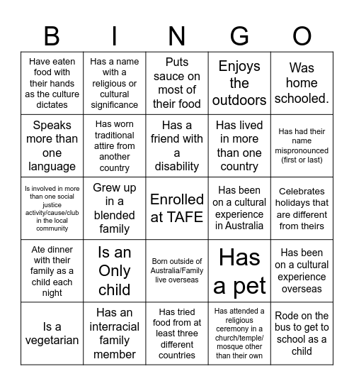 Cultural Diversity Bingo Card