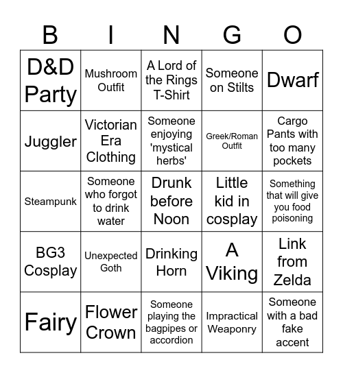 Ren Fest Side Quest Bingo Card