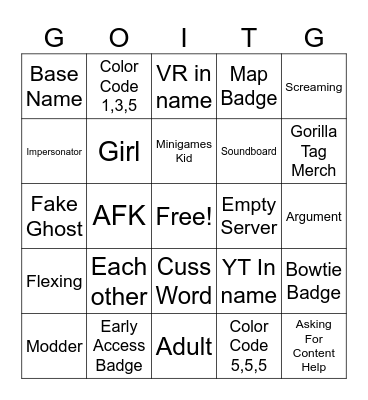 GORILLA TAG BINGO Card