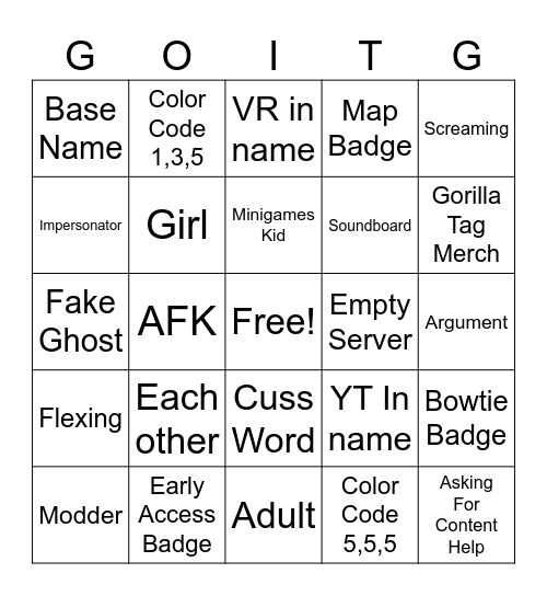 GORILLA TAG BINGO Card