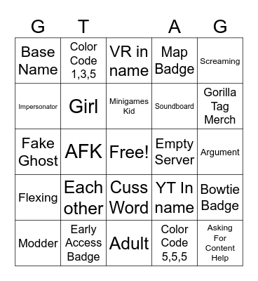 GORILLA TAG BINGO Card