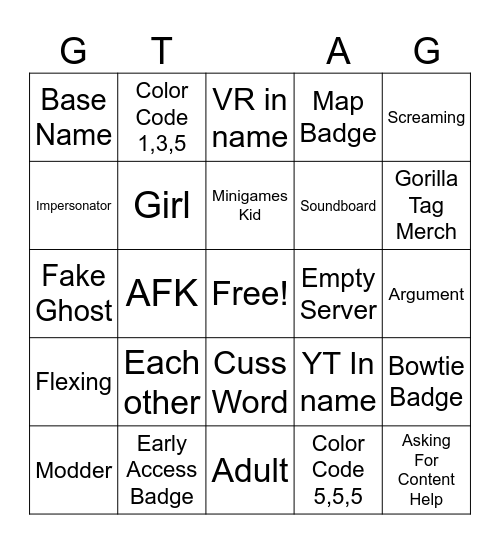 GORILLA TAG BINGO Card