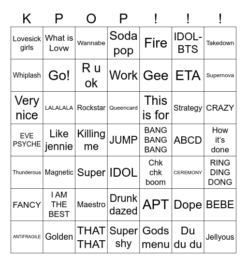 KPOP NIGHT OF AGES Bingo Card