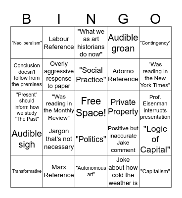Art History and Activism Seminar Presentation Bingo Card