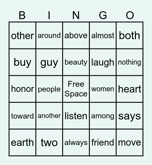 Heart Words Bingo Card