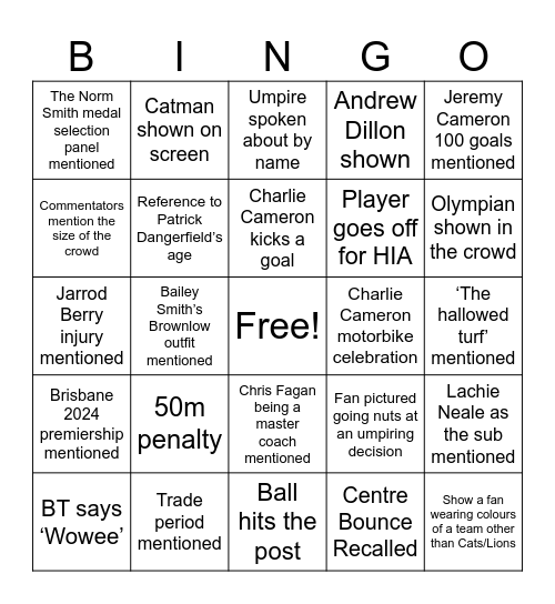 AFL GRAND FINAL BINGO Card