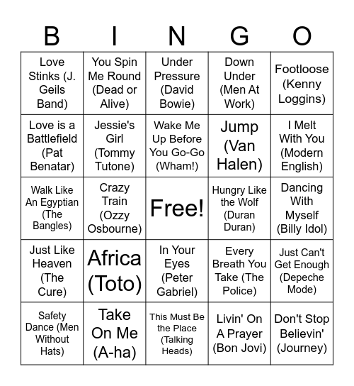 80s Music Bingo Card