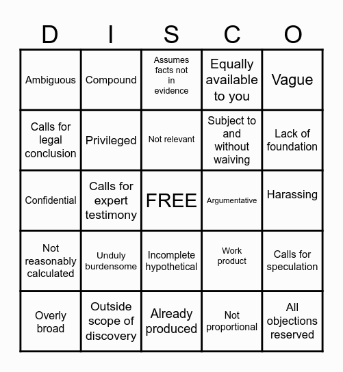 Discovery Objection BINGO Card