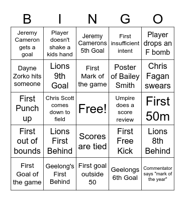 AFL Grand Final Bingo Card