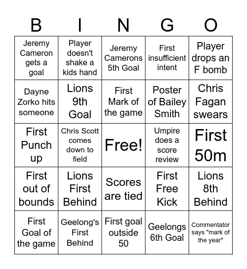 AFL Grand Final Bingo Card