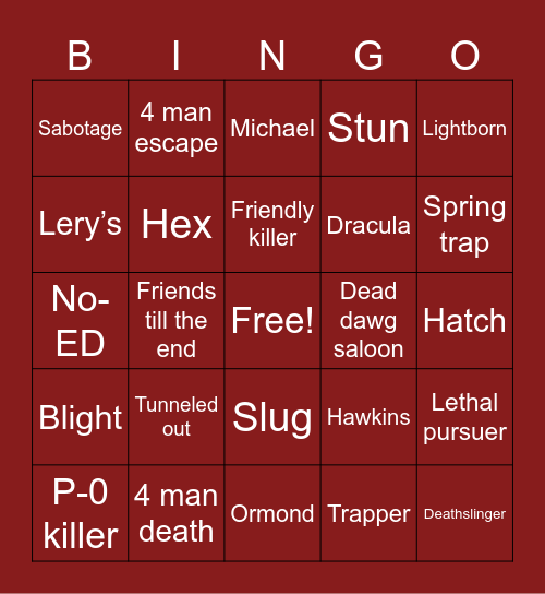 Dead by Daylight Bingo Card