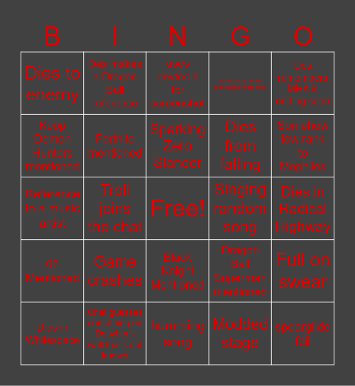 Desyber's modded Shadow Generations Bingo Card