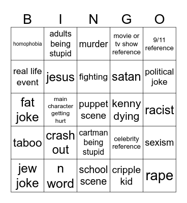 South Park Bingo Card