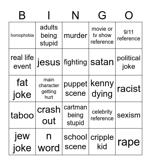 South Park Bingo Card