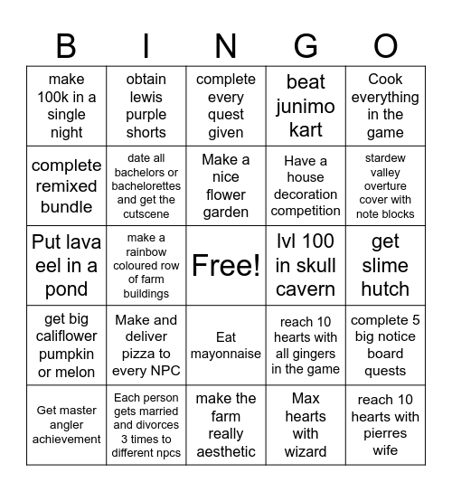 SV challenge bingo Card