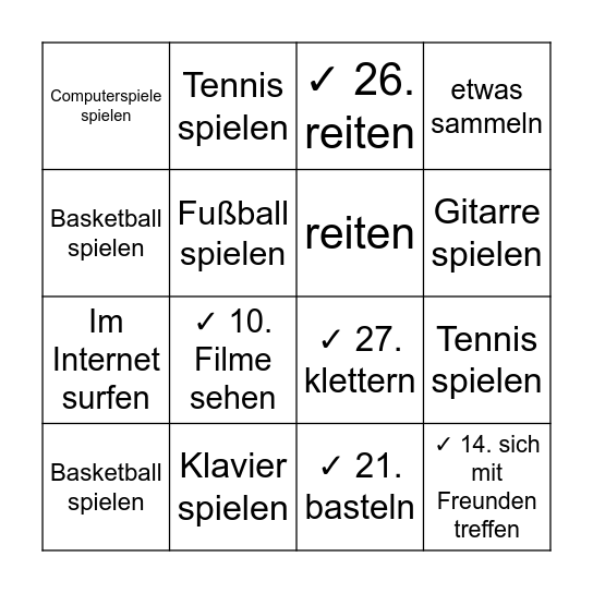 das Hobby, die Hobbys Bingo Card
