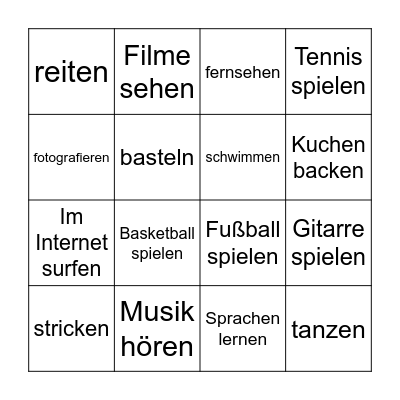 das Hobby, die Hobbys Bingo Card