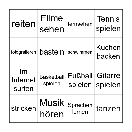 das Hobby, die Hobbys Bingo Card