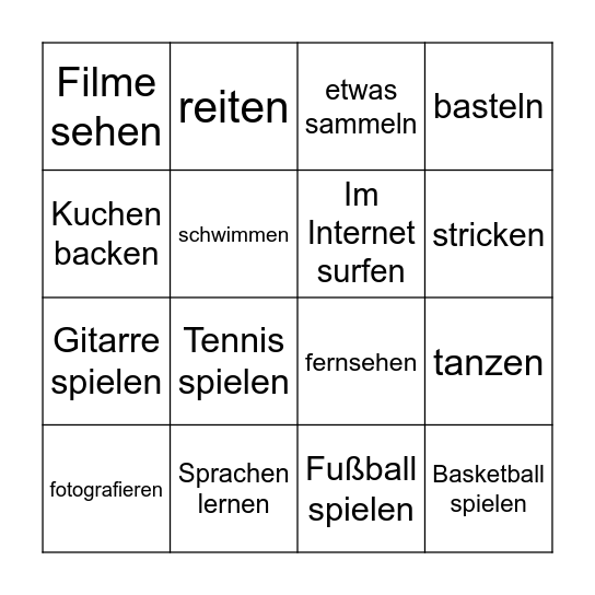 das Hobby, die Hobbys Bingo Card