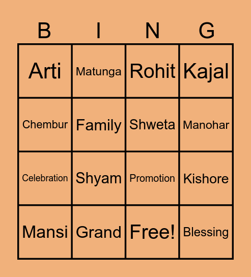 Wadhwa Family Bingo!! Bingo Card