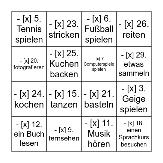 das Hobby, die Hobbys Bingo Card