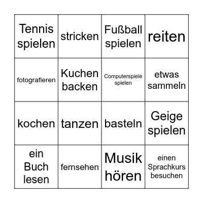 das Hobby, die Hobbys Bingo Card