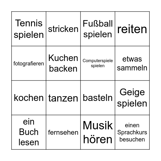 das Hobby, die Hobbys Bingo Card