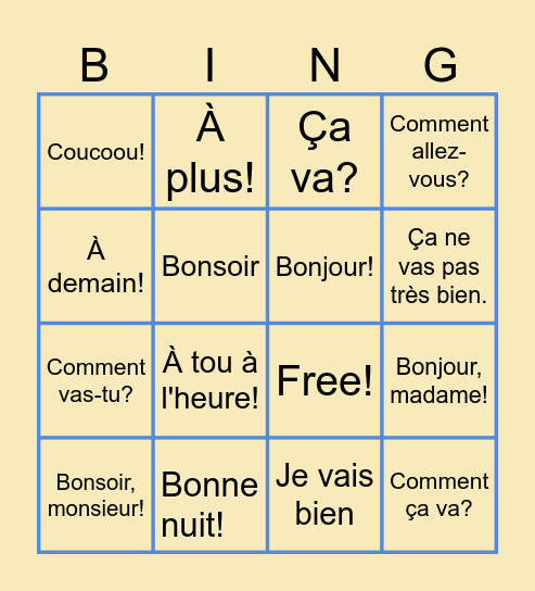 Les Salutations! Bingo Card