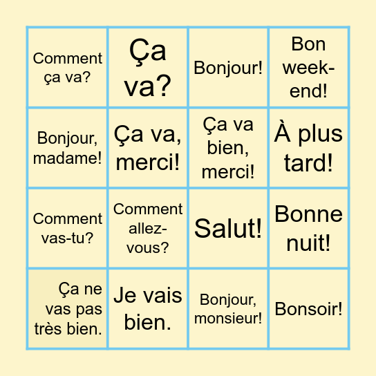 Les Salutations!  Bingo Card
