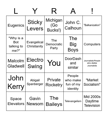 What Sets Lyra Off Bingo Card