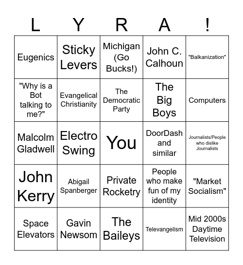 What Sets Lyra Off Bingo Card