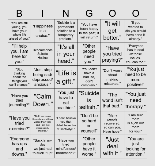 Anti-Suicide Bullshit Bingo Card