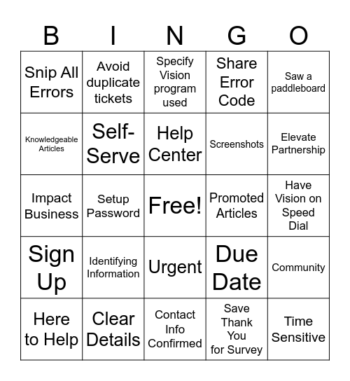 Support Bingo Card