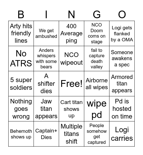 Death Valley pd Bingo board Bingo Card