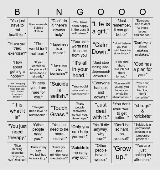 Anti-Suicide Bullshit Bingo Card