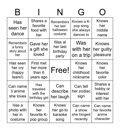 Tiara's 18th Birthday Bingo Card