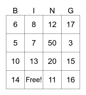 Numeros Bingo Card