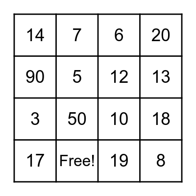 Numeros Bingo Card