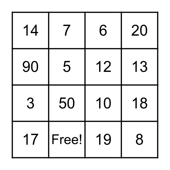 Numeros Bingo Card