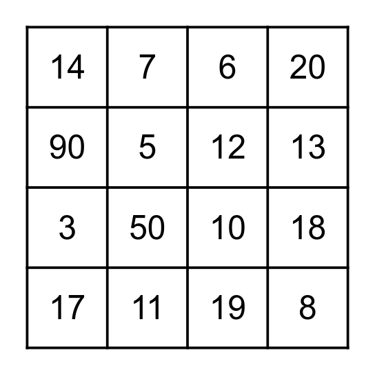Numeros Bingo Card