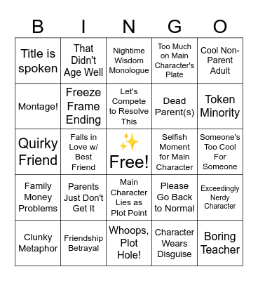 Disney Channel Original Movie Bingo Card