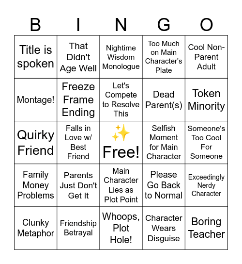 Disney Channel Original Movie Bingo Card