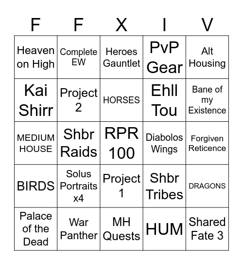FFXIV To Do Bingo Card