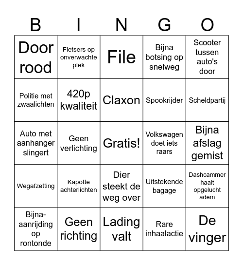 Dashcam Bingo Card