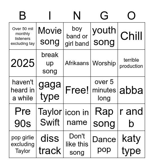 Liked Songs Bingo Card