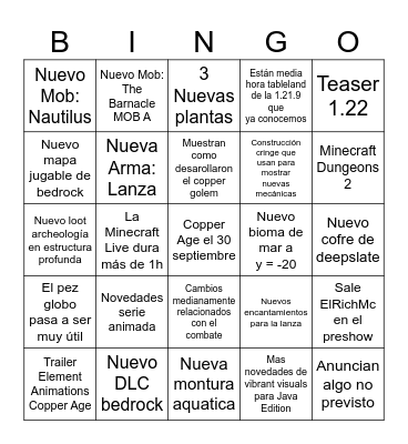 Minecraft Live September 27th 2025 Bingo Card