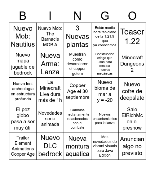 Minecraft Live September 27th 2025 Bingo Card
