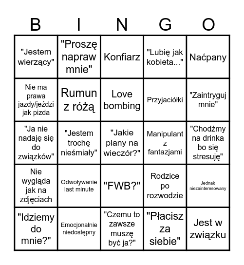 TINDER EMOTIONAL DAMAGE Bingo Card